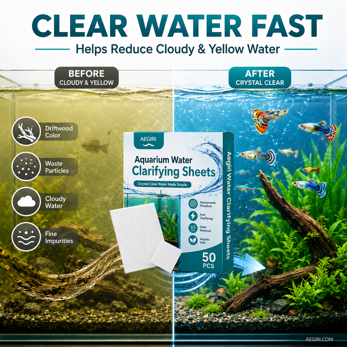 ✨ AQUARIUM CLARIFYING SHEETS - Crystal Clear Water in 24 Hours, Removes Odors and Impurities, Safe for All Fish and Plants 🌿🔮