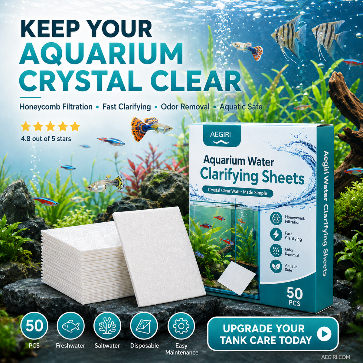 ✨ AQUARIUM CLARIFYING SHEETS - Crystal Clear Water in 24 Hours, Removes Odors and Impurities, Safe for All Fish and Plants 🌿🔮