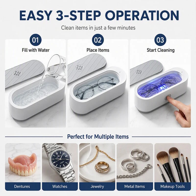 Multifunctional Ultrasonic Cleaner for Jewelry, Watches & Dentures, 3W Cordless Deep Cleaning