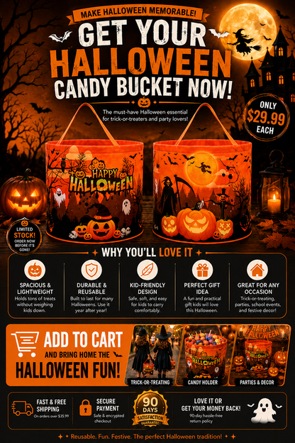 Halloween Candy Bucket – Reusable Trick-or-Treat Treat Bag