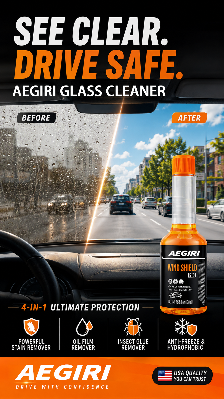 🚗5-in-1 Glass Cleaner – removes stains, oil film, insect glue, anti-freeze & hydrophobic. 💪
