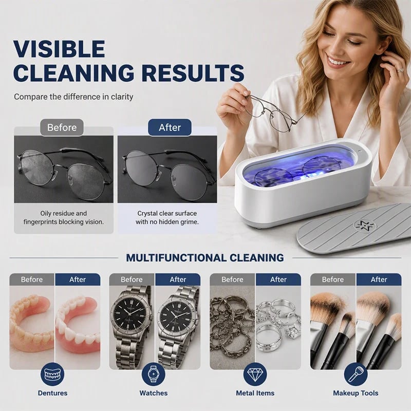 Multifunctional Ultrasonic Cleaner for Jewelry, Watches & Dentures, 3W Cordless Deep Cleaning